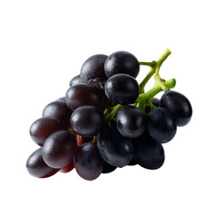A bunch of dark purple grapes with green stem on black background