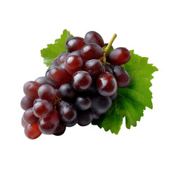 A bunch of ripe red grapes with green leaves on black background