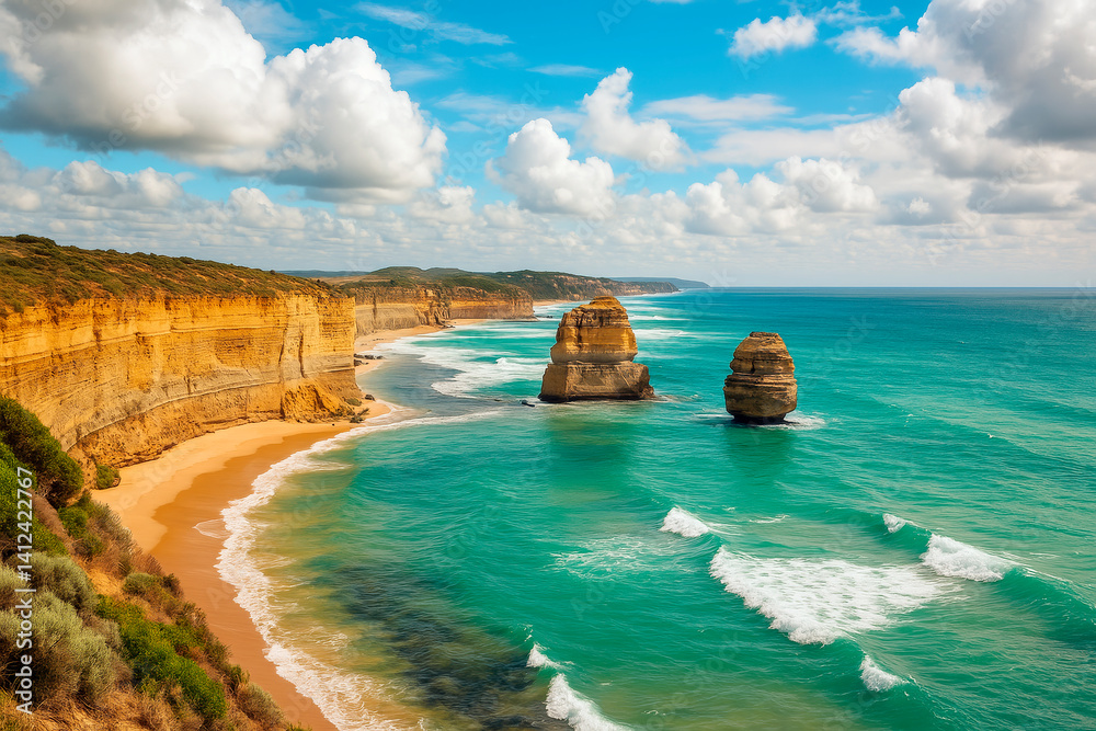 Poster stunning coastal cliffs with turquoise ocean waves and sea stacks under bright daylight and puffy cl