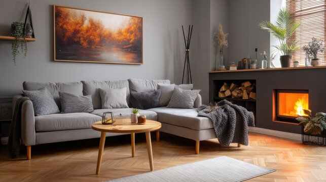 Cozy living room with a sectional sofa, fireplace, and artwork featuring warm autumnal colors. The space is relaxing and inviting.
