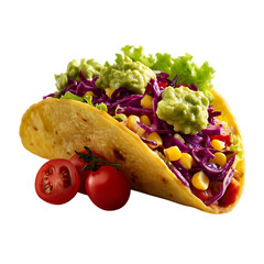 Close up of a taco filled with vegetables and two tomatoes near it