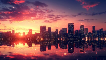 Obraz premium Digital Sunset over Skyscrapers