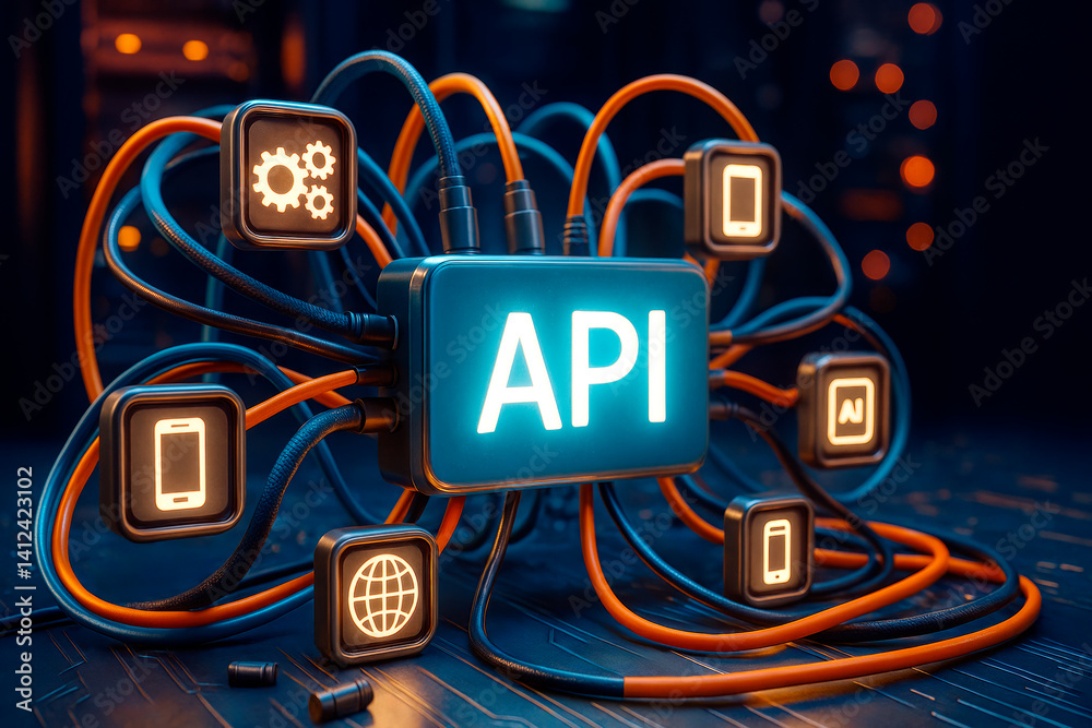 Poster Glowing API hub box with cable connections to various digital service icons, symbolizing integration and network technology concept background.