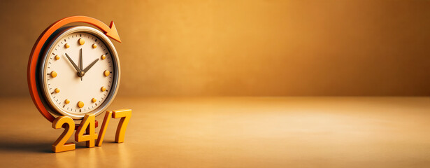 Clock with 24 7 text symbolizing nonstop availability, placed on a clean light brown background with copyspace for business or service design mockup.