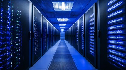 Fototapeta premium Server room with rows of computer racks illuminated in blue light.