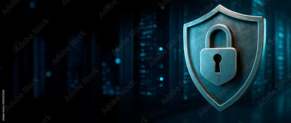 Poster Shield with padlock icon symbolizing cybersecurity and data protection on dark digital server background for modern tech banner or poster design.