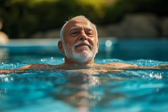 senior man swimming laps in an outdoor pool, maintaining his fitness and health, retirement active lifestyle