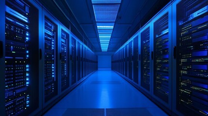 Fototapeta premium A server room with rows of computer servers illuminated in blue light.