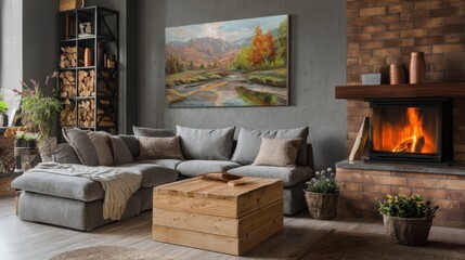 Cozy living room with a sectional sofa, a rustic wooden coffee table, and a large landscape painting above a fireplace.