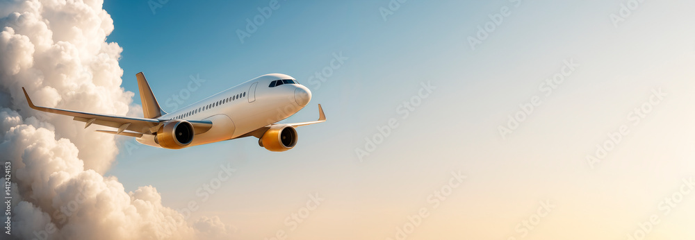 Aufkleber airplane flying through clouds during sunrise with clear sky and empty space for design or travel-th