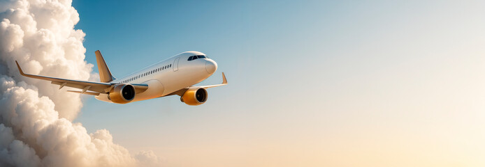 Airplane flying through clouds during sunrise with clear sky and empty space for design or travel-themed banner or presentation template.