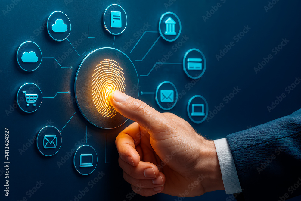 Aufkleber finger pressing glowing fingerprint icon on digital interface with security and cloud application sy