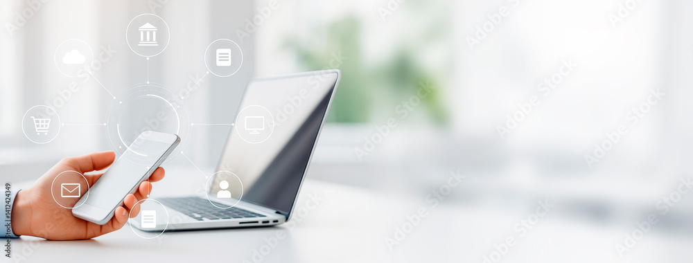 Poster business person using smartphone with digital cloud and network icons near laptop on bright backgrou