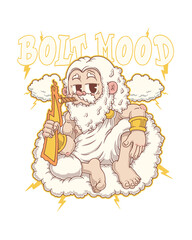 A chill, vintage-style cartoon illustration of a laid-back Zeus lounging on a cloud, holding a lightning bolt like a cigar—radiating power and nonchalance.