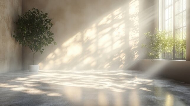 Sunlit Interior Space Featuring A Potted Plant And A Window With Light Beams
