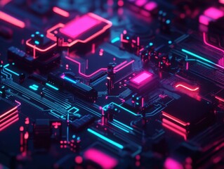 Obraz premium Digital Circuitry: A mesmerizing close-up of a digital circuit board bathed in vibrant neon hues, showcasing the intricate pathways and technological precision.
