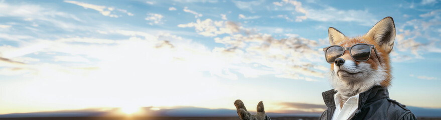 Fox with Sunglasses on Blue Sky with Clouds: Anthropomorphic Fox wearing Sunglasses and Jacket on Panoramic Sky Background – Conceptual Banner with Copy Space