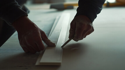Obraz premium Drywall installer measuring and cutting drywall. Featuring drywall installation and home renovation