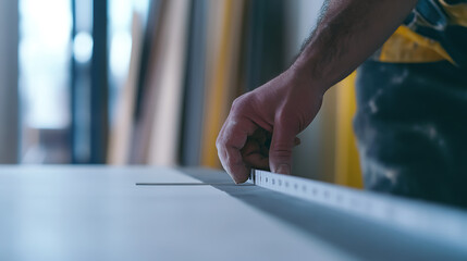 Drywall installer measuring drywall sheets. Featuring drywall installation and home renovation