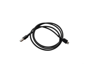 Black USB and Type-C cable, on white background in insulation