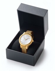 Elegant gold watch in a stylish black gift box, perfect for special occasions.