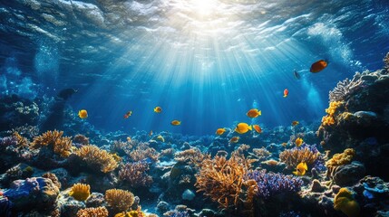 Obraz premium Underwater background with deep blue sea and beautiful sun rays