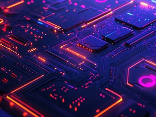 Fototapeta premium Circuit Board Brilliance: A close-up shot of a circuit board glows with intricate pathways and connections, showcasing the intricate technology that powers our digital world.