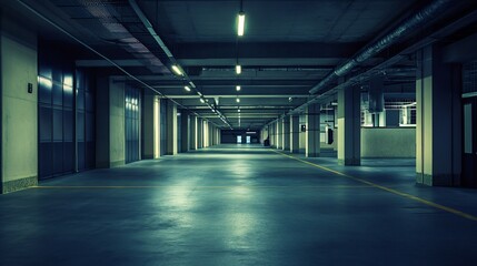 Fototapeta premium Dark empty parking garage with concrete columns and overhead pipes and lights.