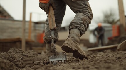 Construction worker operating a jackhammer for foundation work. Featuring strength and efficiency
