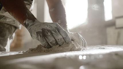 Drywall installer preparing seams for taping and mudding. Highlighting drywall work and home renovation