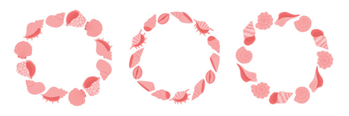 Set of round frames with seashells in pink colors. Design elements for print, sticker, greeting card and invitation.