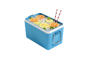 A blue cooler filled with citrus slices and ice, two straws ready for shared sipping, isolated on a transparent background