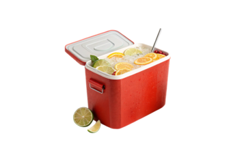 A red cooler opened to reveal citrus slices, cranberries, and ice, garnished with mint and lime, isolated on a transparent background