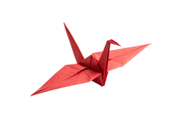 A red origami paper crane, viewed from a side angle, showcasing symmetrical elegance and folded finesse, isolated on a transparent background