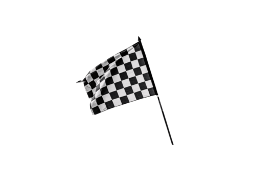 A racing flag mid-wave, classic black and white pattern representing the thrilling end of a competition, isolated on a transparent background