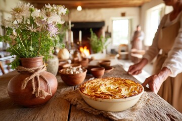Fototapeta premium Delicious fish pie served in a rustic kitchen with traditional decor and cooking activities taking place