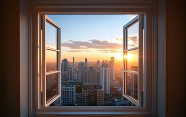 Elevated Cityscape Panorama Through an Open Window at Sunset