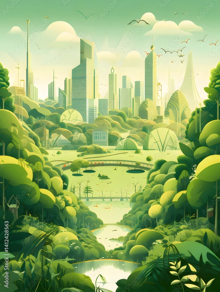 Poster 美しい緑豊かな都市の風景 晴れた日の明るい光 自然と都市の調和したイラスト