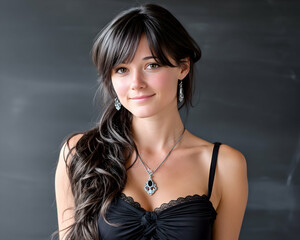 Portrait of a young woman with dark hair and a subtle smile against a dark background