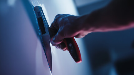 Drywall installer taping seams for a fresh coat of paint. Highlighting drywall preparation and home renovation