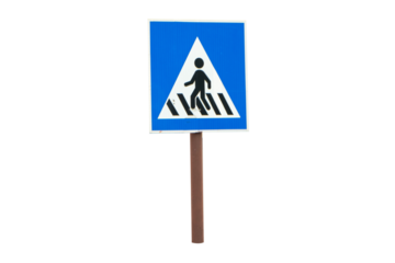 Blue and white pedestrian Zebra crossing sign Isolated on cut out PNG or transparent background. Drivers must obey traffic signals or traffic signs. Symbols for road traffic. 