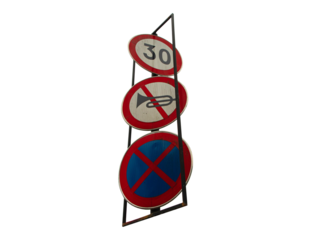 Do Not Enter or no entry Blue and red cross aluminum circle sign.  Rules for road users. Regulatory. No horn sign, 20 Speed Limit Road Sign. Isolated on cut out PNG or transparent background.
