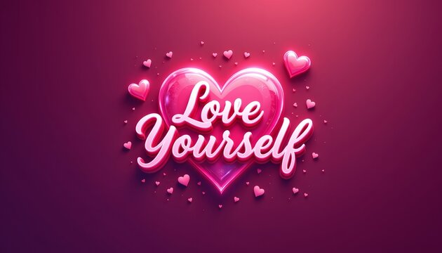 sweet typography “Love Yourself” with layered hearts and soft glows