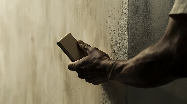 Drywall worker sanding joints for a smooth wall finish. Highlighting finishing techniques and surface preparation