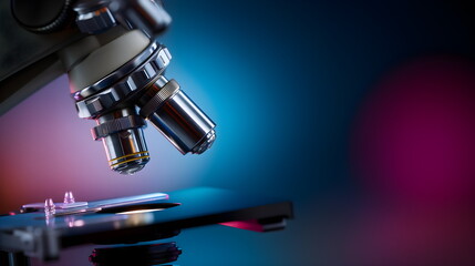 Microscope on abstract blue and pink background. Template for scientific research, lab work, medicine and healthcare. Modern technology background for presentation.