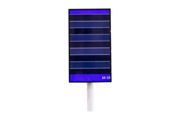 Empty billboard blue flight arrival isolated on cutout PNG or transparent background. Departure time table check-in in modern airport terminal departure area. Blank blue screens templates.