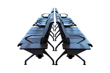 Empty Chairs brown for passengers waiting at airport lounge area station room. Isolated on cut out PNG or transparent background. Modern interior design for tourists to travel around. 