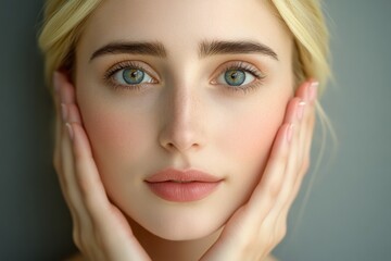 Naklejka premium A pretty young woman with curly blonde hair and blue eyes is standing shirtless in front of a grey studio background, touching her skin and looking at the camera with no makeup on