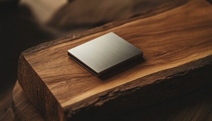Modern metal accessory placed on textured wooden block with natural grain and edges