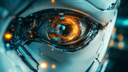 Closeup perspective of a robots eye encompassing intricate details and reflective surfaces